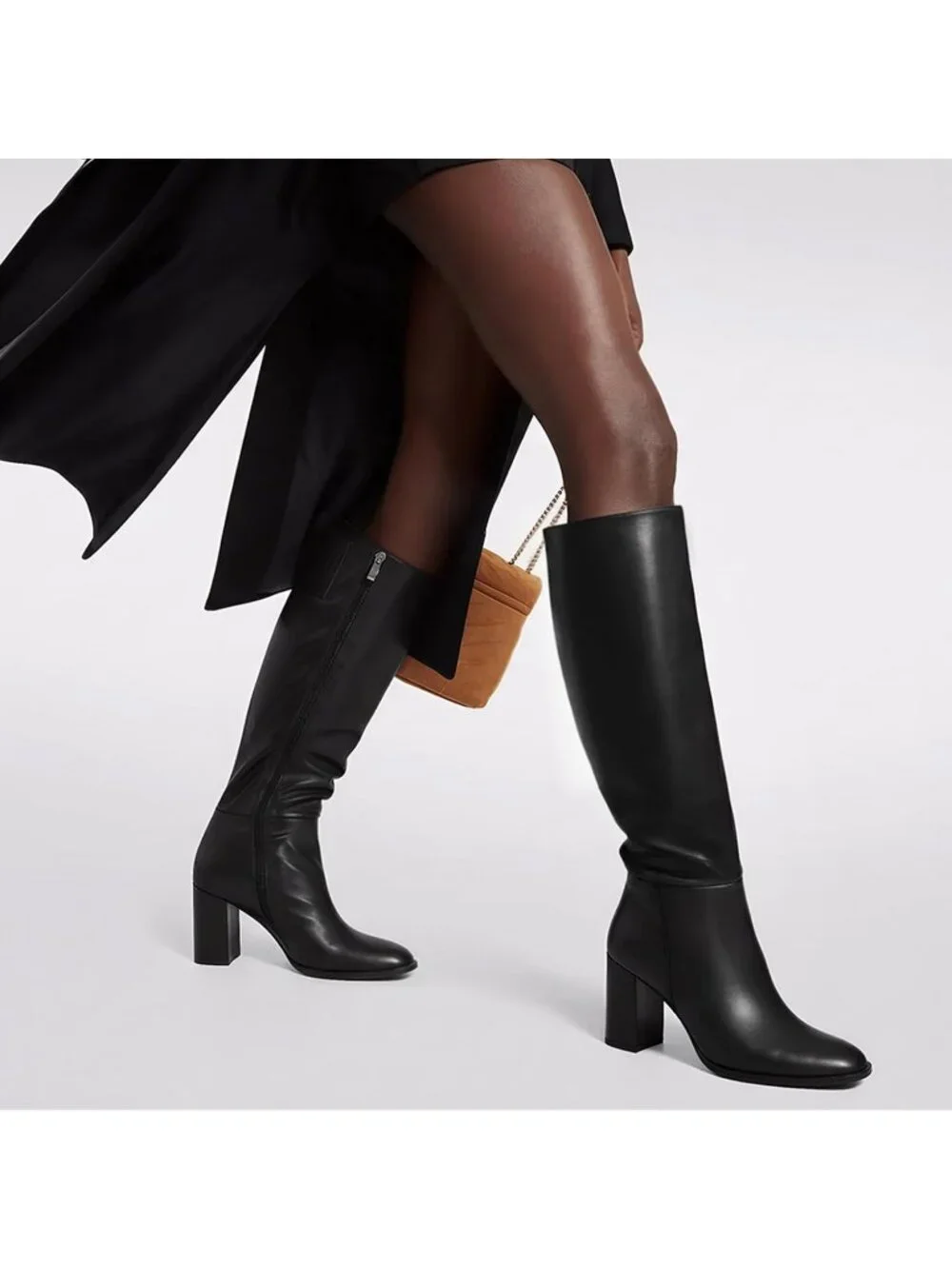 Women Black Knee High Side Zip Fashionable Round Toe Gogo Chunky Heel Boots